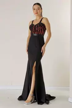 Длинное платье из крепа с веревочными бретелями и подкладкой из пайеток сверху