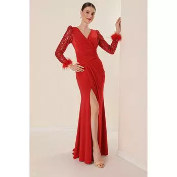 Длинное платье из лайкры с двубортным воротником и драпированными рукавами с подкладкой из целлюлозы и перьев