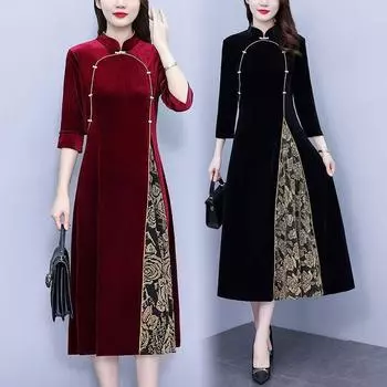 Длинное платье из сращенного бархата для женщин, платье размера плюс, улучшенное покроем 2XL чёрный