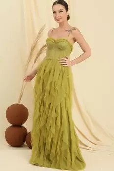 Длинное платье из тюля без бретелек с бахромой и веревочным ремнем, расшитое бисером