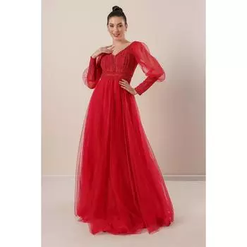 Длинное платье из тюля на подкладке из гипюра с V-образным вырезом спереди и сзади