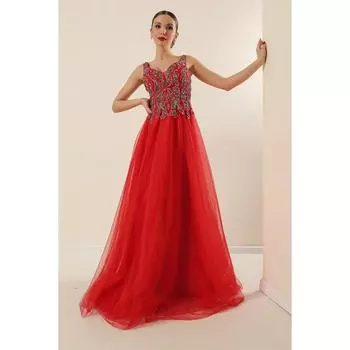 Длинное платье из тюля с подкладкой из бисера и V-образным вырезом спереди сзади