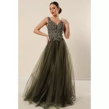 Длинное платье из тюля с подкладкой из бисера и V-образным вырезом спереди сзади