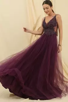 Длинное платье из тюля с подкладкой из гипюра и бусинами с веревочным ремешком