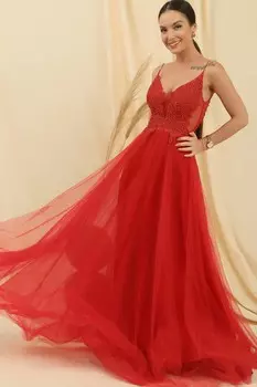 Длинное платье из тюля с подкладкой из гипюра и бусинами с веревочным ремешком