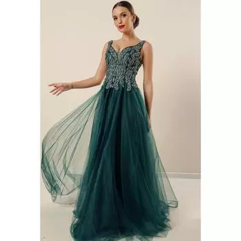 Длинное платье из тюля с подкладкой из бисера и V-образным вырезом спереди сзади