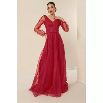 Длинное платье из тюля с V-образным вырезом и вышивкой бисером спереди сзади