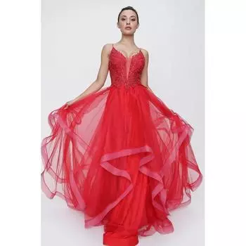 Длинное платье из тюля с верхом на веревочной бретельке с вышивкой камнями на подкладке