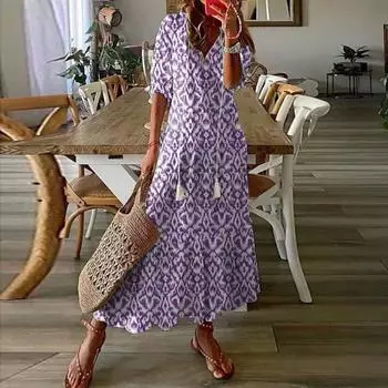 Длинное платье, летнее свободное платье с v-образным вырезом и кистями, короткими рукавами и большим подолом в богемном стиле, женское повседневное платье, пляжная одежда 2XL синий
