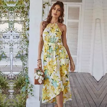 Длинное платье на бретельках с принтом, женское тонкое бандажное платье без рукавов с цветочным принтом, весенне-летнее платье с лямкой на шее, женское повседневное платье S красный