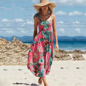 Длинное платье на бретельках с цветочным принтом для женщин с квадратным вырезом и высокой талией, платье макси без рукавов, летние каникулы, пляжное длинное платье, дышащее тонкое мягкое удобное платье S