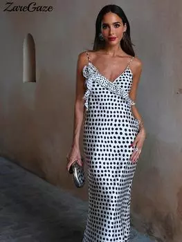Длинное платье на бретельках с принтом в горошек, женское длинное платье с v-образным вырезом, без рукавов, с открытой спиной и 3D цветком, женское летнее праздничное женское платье XS