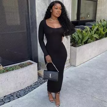 Длинное платье на осень-зиму, мусульманское элегантное офисное женское обтягивающее облегающее повседневное платье с длинными рукавами, женское миди, клубная одежда, черный цвет S чёрный