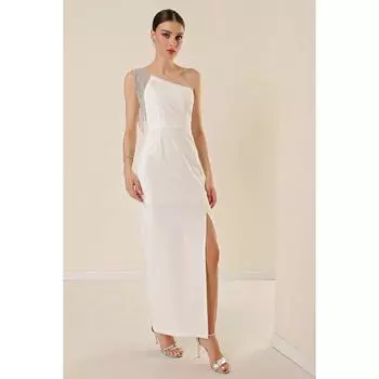 Длинное платье на подкладке с разрезом спереди и цепочкой на одно плечо