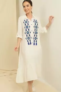 Длинное платье оверсайз из вискозы с пуговицами спереди и вышивкой «Сглаз» на рукавах