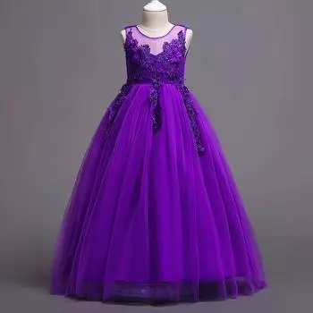 Длинное платье принцессы для девочки Детское платье-лепесток Платья для детей среднего и большого возраста Однотонные сетчатые платья Свадебные платья для девочек 120cm красный