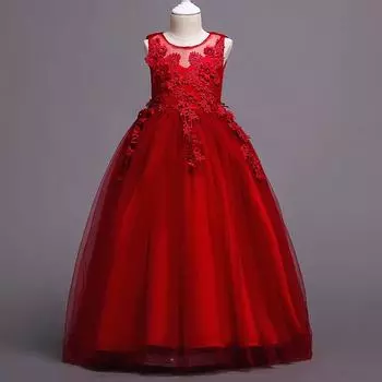 Длинное платье принцессы для девочки Детское платье-лепесток Юбка - для детей среднего и большого возраста Однотонные сетчатые платья Платья для вечеринок и банкетов 120cm красный