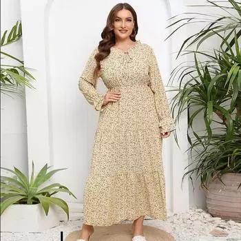 Длинное платье с цветочным принтом для женщин с круглым вырезом и галстуком с длинным рукавом и высокой талией, лоскутное длинное платье с оборками, элегантное модное повседневное легкое платье макси плюс L