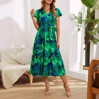 Длинное платье с цветочным принтом для женщин, V-образным вырезом и завязкой на талии, с рюшами и короткими рукавами, лоскутное платье макси, летнее дышащее легкое рабочее платье для отпуска S