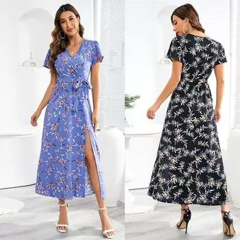 Длинное платье с цветочным принтом в стиле бохо для женщин, v-образный вырез, короткий рукав, завязка на талии, длинное платье с разрезом, летнее элегантное стильное дышащее мягкое платье для работы на отдыхе S