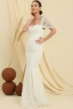 Длинное платье с флоковым принтом и люрексом без бретелек с низкими рукавами и подкладкой в виде рыбы