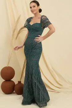 Длинное платье с флоковым принтом и люрексом без бретелек с низкими рукавами и подкладкой в виде рыбы