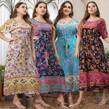 Длинное платье с круглым вырезом для женщин с цветочным принтом, коротким рукавом и высокой талией, повседневное летнее платье макси, дышащее легкое платье для отдыха, работы плюс L хаки