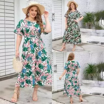 Длинное платье с круглым вырезом и цветочным принтом для женщин, повседневное летнее платье макси с короткими рукавами и высокой талией, дышащее легкое платье для работы в отпуске, платье больших размеров XL красный