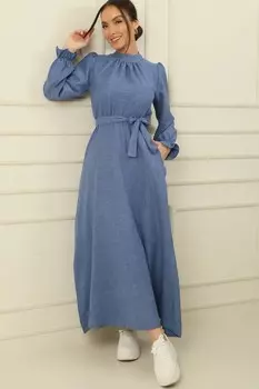 Длинное платье с льняным эффектом, поясом на талии и боковыми карманами