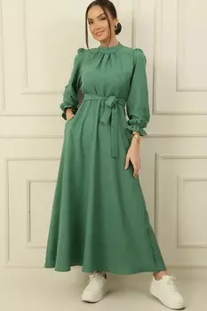 Длинное платье с льняным эффектом, поясом на талии и боковыми карманами