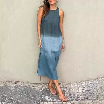Длинное платье с лоскутным принтом для женщин, с круглым вырезом, без рукавов, со свободной талией и подолом, платье макси с разрезом, летнее повседневное стильное хлопковое дышащее мягкое рабочее платье XS синий