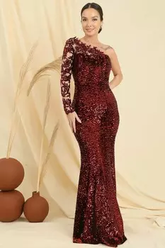 Длинное платье с пайетками на подкладке с одним рукавом