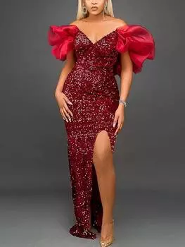 Длинное платье с пайетками, с открытыми плечами, женское бархатное платье с пышными рукавами и высоким разрезом, большие размеры, макси, вечернее платье для выпускного вечера 4XL бордовый