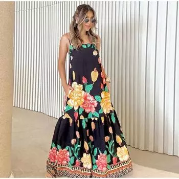 Длинное платье с праздничным цветочным принтом, женское, без рукавов, с открытой спиной, А-силуэта, свободное платье 2025 года, летнее сексуальное пляжное универсальное платье S тёмно-синий