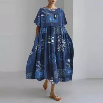 Длинное платье с принтом А-силуэта большого размера, летние пляжные платья с круглым вырезом для женщин, одежда из хлопка и льна с коротким рукавом One Size синий