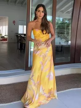 Длинное платье с принтом для вечеринки, женское летнее праздничное пляжное свободное женское вечернее платье без рукавов L жёлтый