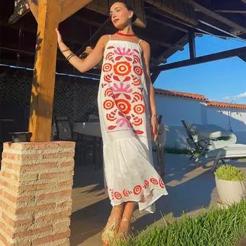 Длинное платье с принтом на бретельках для женщин, свободное, с квадратным воротником, без рукавов, с открытой спиной, летнее женское праздничное пляжное платье, новая мода S белый