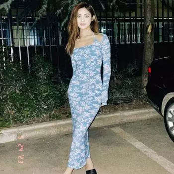 Длинное платье с принтом синего цвета и тонкими бретелями на бедрах, эластичное платье, высокое чувство XS синий