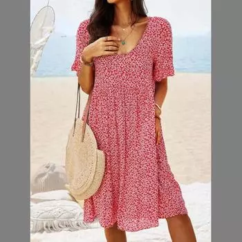 Длинное платье с принтом в европейском и американском стиле, платье средней длины, модное повседневное женское платье с короткими рукавами в стиле ретро XXXXXL красный