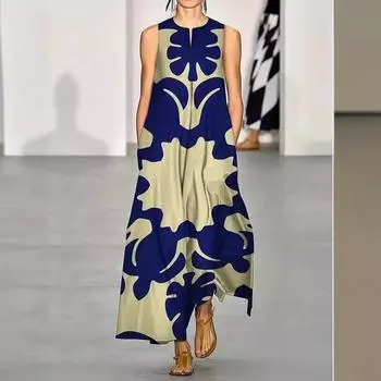 Длинное платье с принтом в стиле бохо для женщин, V-образный вырез, без рукавов, свободная талия, макси-платье с карманом, элегантное стильное платье для работы и отдыха, летнее дышащее мягкое платье S