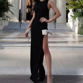Длинное платье с разрезом сбоку и бантом, без рукавов, круглый вырез, сексуальное, облегающее, с высокой талией, с вырезом на бедрах, банкетное платье S чёрный