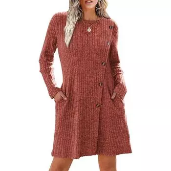 Длинное платье с рукавами для женщин, туника, свитер, платья с карманами, мода 2025 года, пуговицы сбоку S чёрный