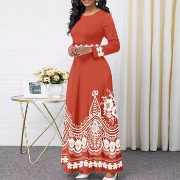 Длинное платье с талией, длиной до щиколотки, анти-пиллинг, весна-осень, длинное платье с этническим принтом, уличная одежда L красный