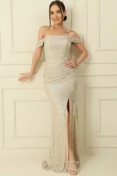 Длинное платье с толстыми бретелями, расшитое пайетками, со сборкой спереди