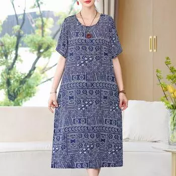 Длинное платье с винтажным принтом для женщин, большие размеры, свободные повседневные летние платья с короткими рукавами, элегантная женская одежда среднего возраста XL