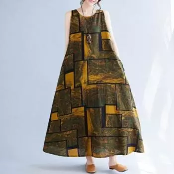 Длинное платье-солнце из хлопка и льна, большие размеры, женское летнее платье в стиле ретро с этническим принтом, без рукавов, свободные платья-жилетки M розы красного