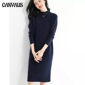 Длинное платье-свитер длиной до колена, женское платье с полувысоким воротником, утепленные теплые трикотажные платья средней длины с низом, весна и осень XL верблюд