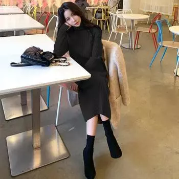 Длинное платье-свитер выше колена, женское осенне-зимнее одинаковое пальто, вязаное платье с высоким воротом, средней длины, длинное женское платье с подкладкой One Size бежевый