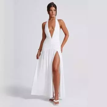 Длинное платье в европейском и американском стиле, весенне-летняя сексуальная пикантная девушка, висящий на шее галстук с V-образным вырезом, темпераментное платье с разрезом на спине и открытой спиной. S белый