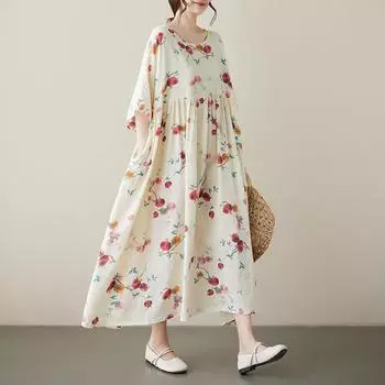 Длинное платье в стиле бохо больших размеров с цветочным принтом, повседневное, свободное, с оборками, плиссированное, для женщин, большие платья, женское платье с коротким рукавом One Size
